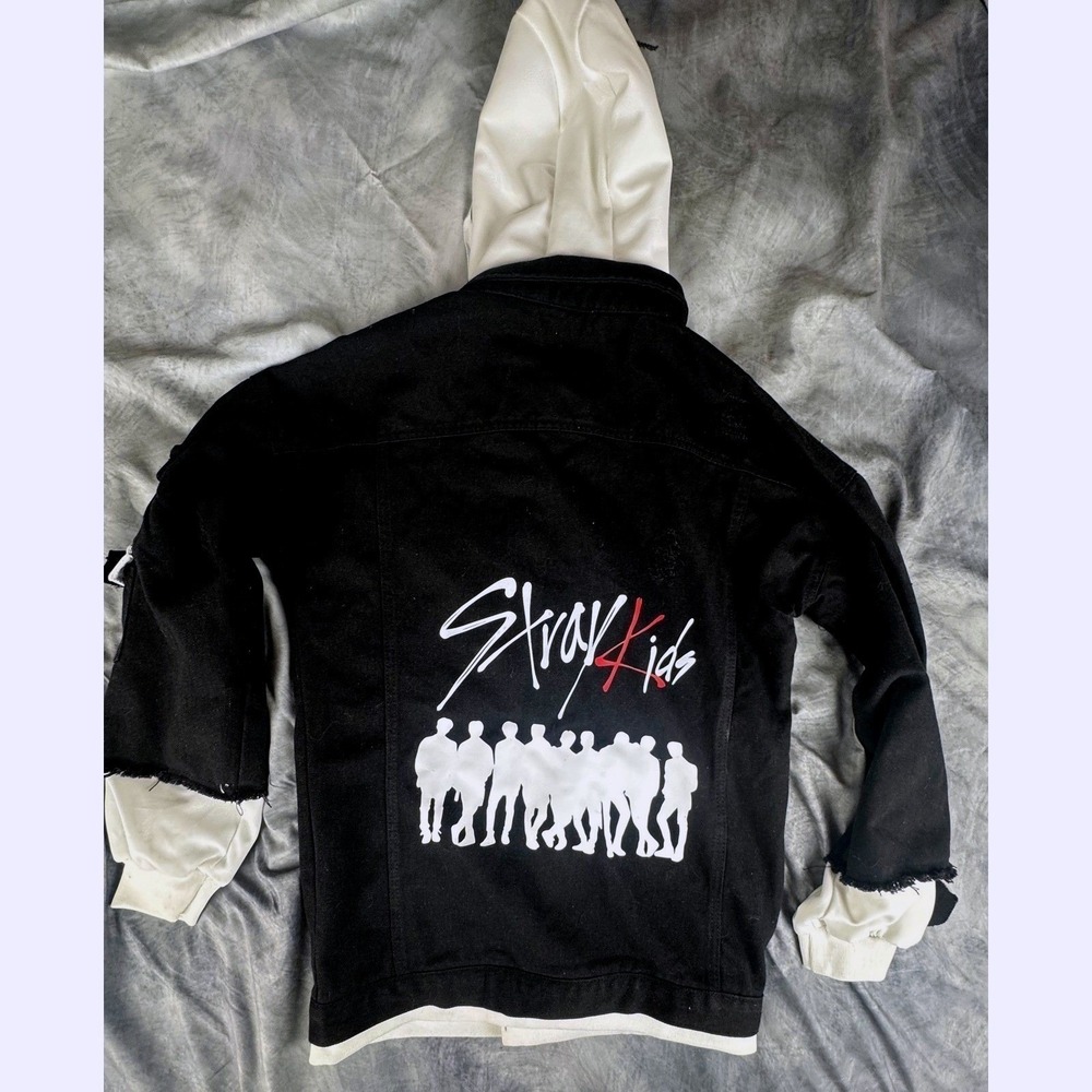 Stray Kids Custom Black Distressed Denim Hoodie Jacket K-Pop Fan Merch STAY L